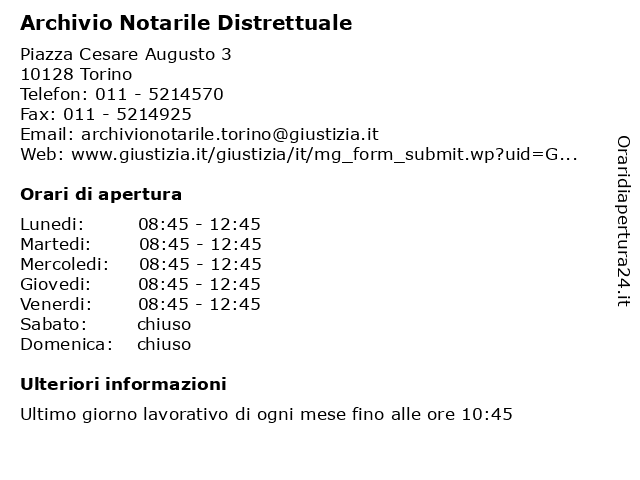 Orari di apertura Archivio Notarile Distrettuale Piazza